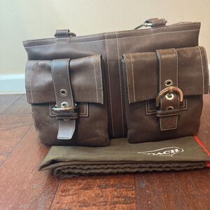 Coach Vintage Brown Thick Leather Front Buckle Pockets Satchel Tote Shoulder Bag
